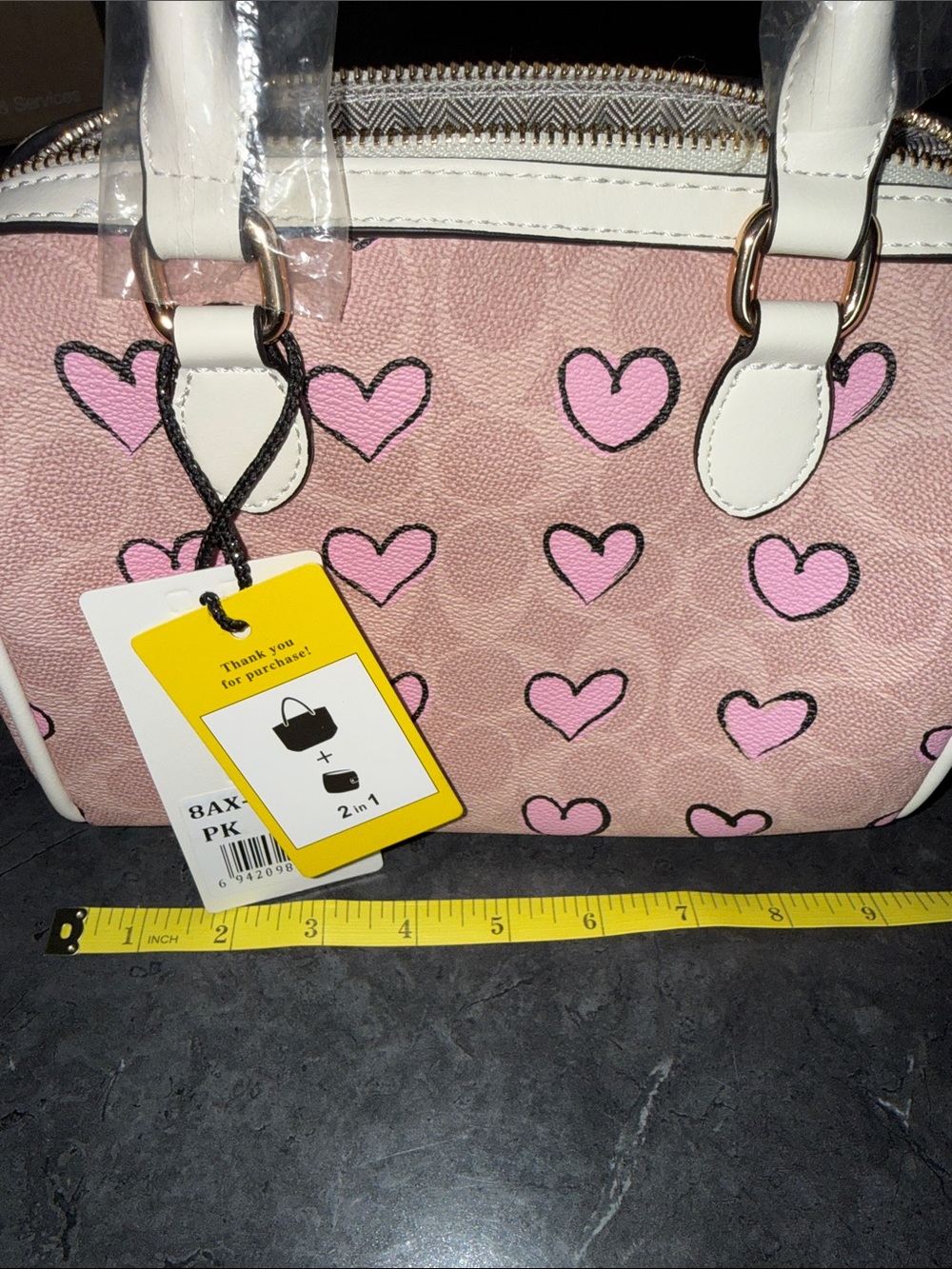 Pink Heart-Print Satchel with White Trim